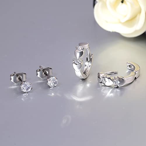 CiNily 14K White Gold Plated Small Hoop Earrings for Women Girls Heart Cubic Zirconia Hypoallergenic Earrings - color: Studs set-silver-white