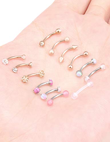 Jenxnjsjo 16g 6/8/10mm Eyebrow/Rook/Snug/Vertical-Labret/VCH/Snake-Eyes/Anti-Tragus/Christina/Daith/Belly-Button/Bridge/Hood/Surface Curved Barbell Piercing Jewelry for Women Men - color: 13PCS, Rose-Gold, size: 8mm