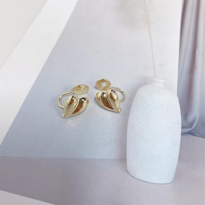 Clip on Chunky Heart Small Stud Earrings for Women Non Pierced Ear Gold-Plated Hearted Shaped Cuff Wrap Fake Studs Hypoallergenic Fashion Jewelry for Her Bff