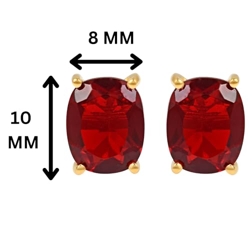 Women's 18K Gold Plated 8x10mm Princess Cut Gemstone Stud Earrings – Birthstone Jewelry for Her – Classic Cushion Studs - color: Garnet