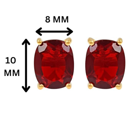 Women's 18K Gold Plated 8x10mm Princess Cut Gemstone Stud Earrings – Birthstone Jewelry for Her – Classic Cushion Studs - color: Garnet