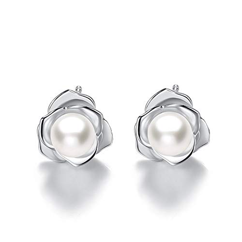 "Lovely Rose" High Polished 925 Sterling Silver Earrings with 7mm Natural Freshwater Pearl - style: Earrings