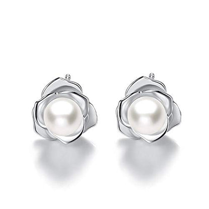 "Lovely Rose" High Polished 925 Sterling Silver Earrings with 7mm Natural Freshwater Pearl - style: Earrings