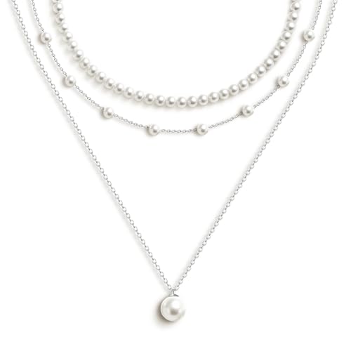 Zeffy Gold Pearl Necklace for Women, Dainty 14K Gold/Silve Plated Layered Pearl Choker Pearl Earrings Pearl Bracelets Wedding Trendy Gold Jewelry Set for Women Gifts - style: Silver Pearl Necklace-3PCS