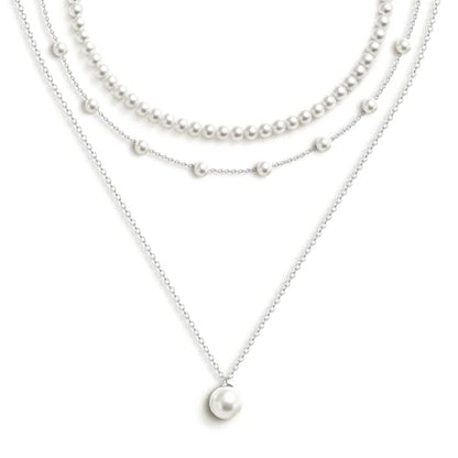 Zeffy Gold Pearl Necklace for Women, Dainty 14K Gold/Silve Plated Layered Pearl Choker Pearl Earrings Pearl Bracelets Wedding Trendy Gold Jewelry Set for Women Gifts - style: Silver Pearl Necklace-3PCS