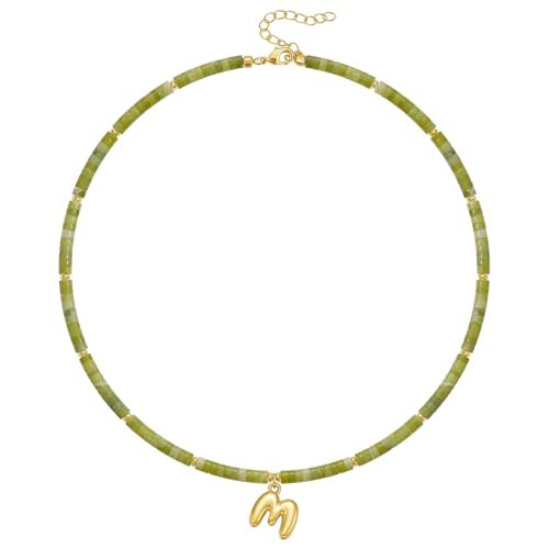 KELORIS PATH Beaded Initial Necklace for Women, 14K Gilded Plated Bubble Letter Pendant Natural Handmade Stone Choker Boho Colorful Summer Beach Jewelry Gift - color: Green Aventurine, style: Letter M