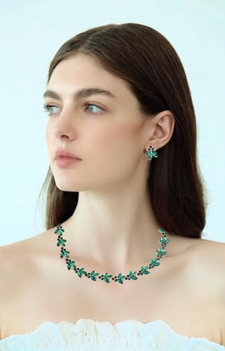 Bridal Wedding Crystal Leaf Choker Necklace Dangle Earring Bracelet Brides Bridesmaid Jewelry Set for Women - color: Emerald-Gold Plated
