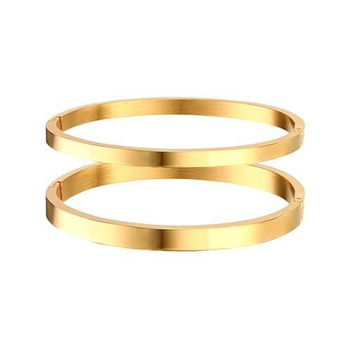 Gold Bangle Bracelets for Women, Trendy Dainty 14K Gold Plated Oval Bangles Bracelet for Women, Stackable Friendship Bracelets Love Bangle Christmas Birthday Gifts - color: Gold, size: 4mm+6mm Set