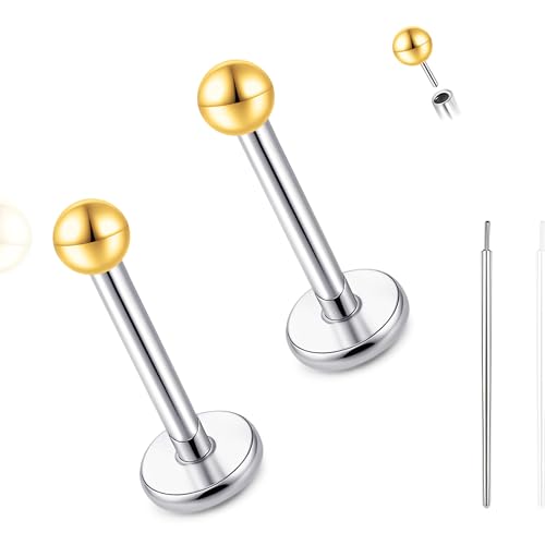 limerencia Titanium Threadless Flat Back Earrings Stud Piercing Jewelry | 20G Press Fit Titanium Push Pop in Cartilage Tragus Labret Lip Medusa Conch Piercing Jewelry Hypoallergenic for Women Men - style: 2MM Ball Gold