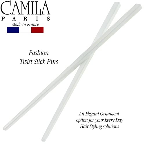 Camila Paris CP3177 French Twist Stick Hair Pin, Set of 2 White, Girls Chopsticks Hair Pins for Girls Spiral Updo Chignon Bun Holder, Styling Hair Accessories for Women, Made in France - color: White
