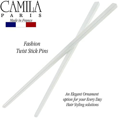 Camila Paris CP3177 French Twist Stick Hair Pin, Set of 2 White, Girls Chopsticks Hair Pins for Girls Spiral Updo Chignon Bun Holder, Styling Hair Accessories for Women, Made in France - color: White