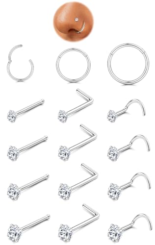 ORAZIO Nose Rings for Women - Silver Plated Hypoallergenic 316L Surgical Stainless Steel Nose Ring Hoops 20G Small Cute CZ Straight Screw L Shaped Nose Studs Piercings Jewelry for Women Men 15Pcs