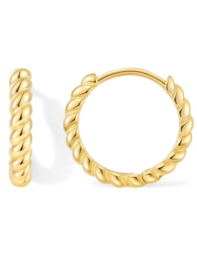 Fiusem 14K Gold Plated Huggie Hoop Earrings for Women | 8/10/12 Hypoallergenic Small Twisted beaded Huggie Earrings - color: Gold Twisted, size: 12MM