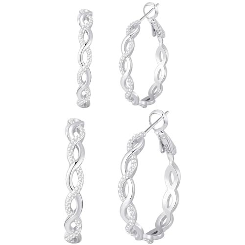 Senteria S925 Sterling Silver Post Twisted Hoop Earrings Hypoallergenic | Lightweight Silver Hoop Earrings AAAAA Cubic Zirconia Nickel Free for Sensitive Ears Twisted Hoops for Women Gifts 20-60MM - color: silver-20/30mm