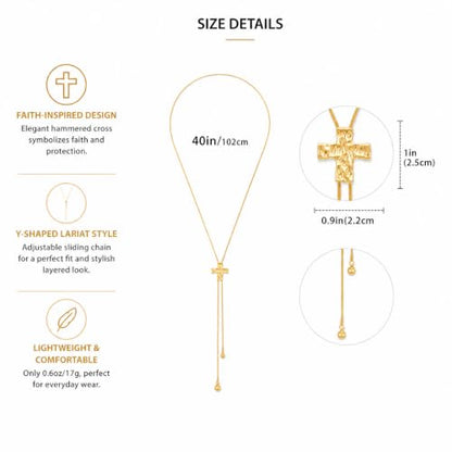 Gold Y Lariat Necklace for Women Adjustable Long Slide Necklace Modern Bohemian Jewelry Gift - color: Gold Hammered Cross