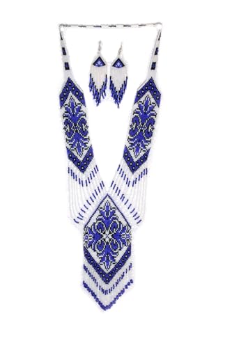 Long Beaded Necklace – Boho Native Handmade Seed Bead Tassel Necklace, Bohemian Large Statement Beaded Necklace for Women - color: White-Blue