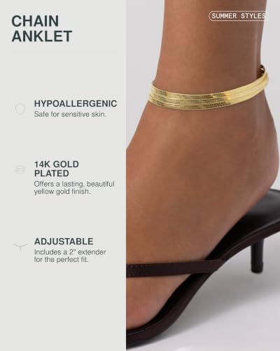 PAVOI 14K Gold Plated Chain Anklets for Women - Minimalist Link Chain Ankle Bracelet - Dainty Gold Anklets for Women - Trendy Summer Beach Jewelry Gifts - Snake, Figaro, Mariner, Paperclip, Beaded - style: Triple Snake