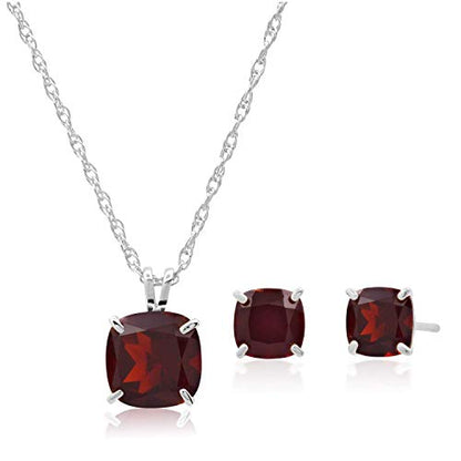 MAX + STONE 14k Gold Plated or Sterling Silver Cushion Cut Gemstone Stud Earrings and Pendant Necklace for Women with 6mm and 8mm Birthstones 18 Inch Chain and Push Backs Jewelry Set - style: Sterling Silver|Genuine Garnet