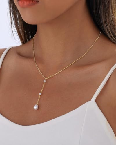 Gold Drop Pearl Necklaces for Women，Dainty Pearl Choker Necklace 14k Gold Plated Charm Prom Pearl Necklaces Jewelry Gifts for Women - color: 3pearl
