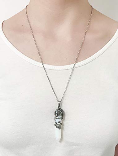 Top Plaza Flower Wrapped Natural Opalite Crystal Necklace | Antique Silver Healing Crystal Gemstone Necklaces for Women Mothers Day Mom Gifts - color: Synthetic Opalite