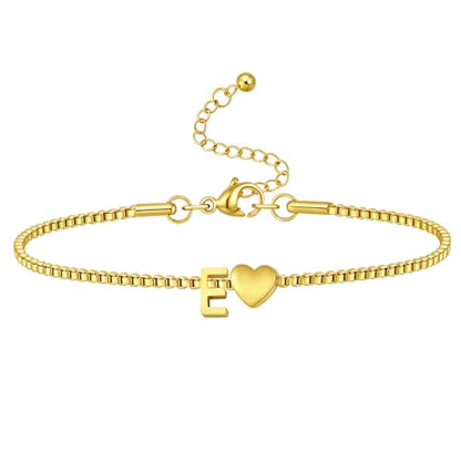 Gold Initial Bracelet for Women Dainty Personalized Name Bracelet | 14K Gold Plated, Letter A-Z Bracelet, Tiny Gold Initial Cute Heart Bracelet Jewelry Gift - color: E