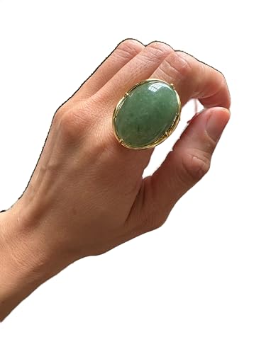 Natural Stone Adjustable Finger Rings Semi Precious Oval Shaped Gemstone Jewelry For Women Anniversary Birthday Wedding Gift - color: Green Aventurine
