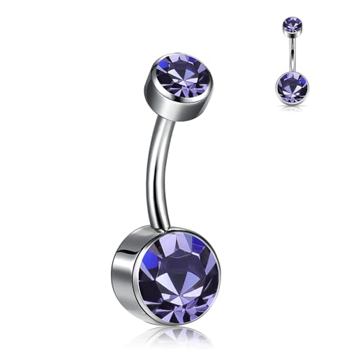 Titanium Floating Belly Button Rings 14G, ASTM F136 Implant-Grade Curved Barbell, Internal Thread with 6mm Teardrop Gems, Sparkle Navel Piercing Jewelry, 10mm/12mm Length - color: Silver-Violet, size: 3/8"(10mm)