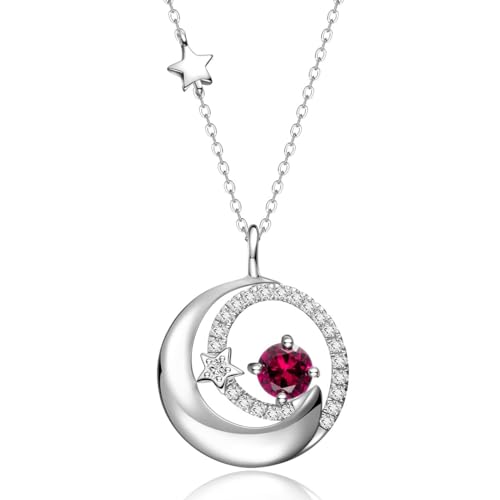 FANCIME Birthstone Necklaces 925 Sterling Silver Moon and Star Pendant Fine Jewelry Birthday Mothers Day Gifts for Mom Wife Her Daughter, Adjustable Chain 16+2" - color: Jul.- Ruby