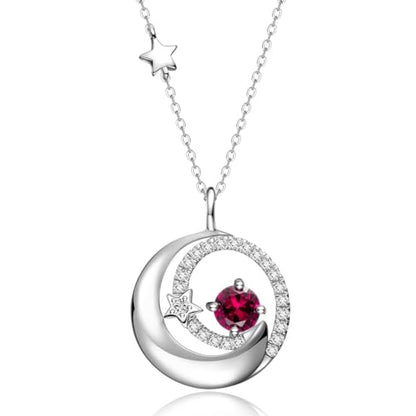 FANCIME Birthstone Necklaces 925 Sterling Silver Moon and Star Pendant Fine Jewelry Birthday Mothers Day Gifts for Mom Wife Her Daughter, Adjustable Chain 16+2" - color: Jul.- Ruby