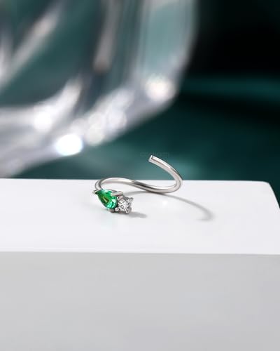 20G 925 Sterling Silver Small Thin Nose Ring Hoop for Women, Silver 7mm - 8mm Adjustable Half Hoop Nostril Piercing Jewelry - color: Emerald CZ