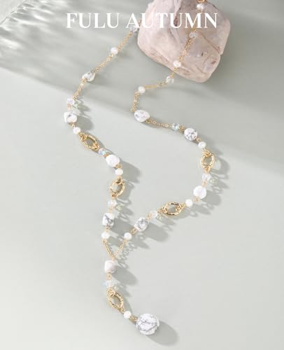 FULU AUTUMN Long Gold Beaded Necklaces for Women Natural Stone Bead Statement Pendant Necklace Y Sweater Chain Fashion Jewelry Gifts - color: White
