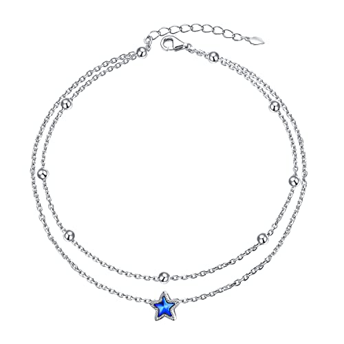 DAOCHONG Double Foot Chain Layer Ankle Bracelets for Women S925 Sterling Silver 3 Blue Stars Beads Chain Double Layer Anklet Beach Jewelry Anklet 9+1.5 inches - style: 01_One Star