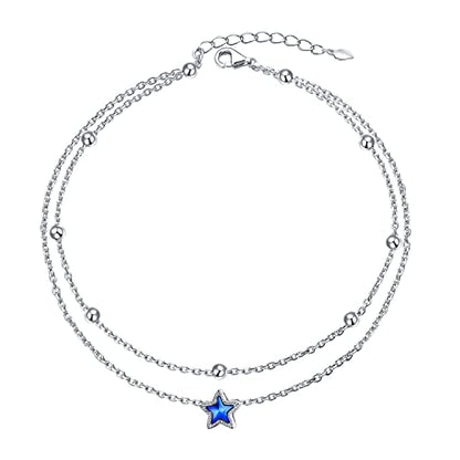DAOCHONG Double Foot Chain Layer Ankle Bracelets for Women S925 Sterling Silver 3 Blue Stars Beads Chain Double Layer Anklet Beach Jewelry Anklet 9+1.5 inches - style: 01_One Star