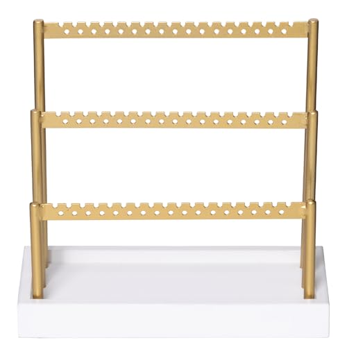 SANY DAYO HOME 3-Tier Earring Holder Organizer Stand, 105 Holes Gold Metal Earring Rack Jewelry Display Tree with White Wood Tray for Women and Girls - color: Gold Rack White Base