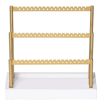 SANY DAYO HOME 3-Tier Earring Holder Organizer Stand, 105 Holes Gold Metal Earring Rack Jewelry Display Tree with White Wood Tray for Women and Girls - color: Gold Rack White Base