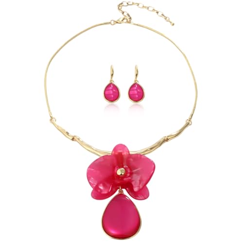 Vintage Statement Jewelry Set - Chunky Flower Floral Plant Geometric Resin Bib Necklace Earring Set Bohemian Boho Crystal Rhinestone Fashion Jewelry for Women Bridal Party Prom Unique Gift - style: MLJS2604-Pink