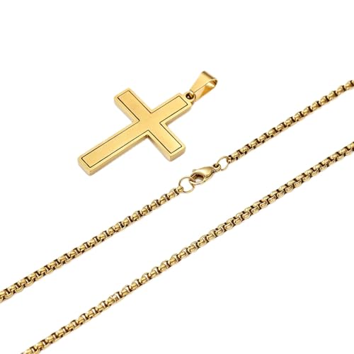 Grace Whisper Cross Necklace for Men Women-18K Gold Plated 316L Stainless Steel Double-Layer Hollow Cross Pendant with 2mm Box Chain Silver/Gold/Black 18/20/22/24 Inch Necklace Minimalist Religious Christian Baptism Jewelry Gift - color: Gold, size: 18 in