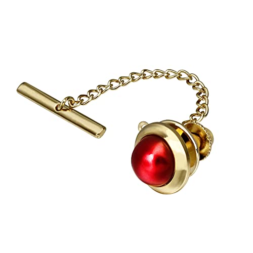 AMITER Crystal/Pearl Tie Tack with Chain, Gold Mens Tie Pin Necktie Pins Lapel Pin for Wedding Birthday Anniversary Party - color: 24k Gold+Red Imitation Pearl