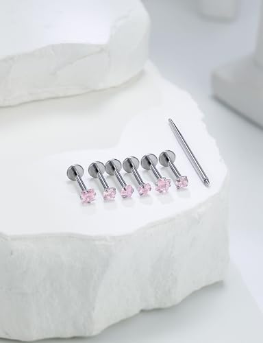 20G 18G 16G Astm F136 Titanium Internal Thread Flat Back Earrings Nose Studs Tragus Helix Conch Cartilage Lobe Earrings Medusa Labret Snake Bite Monroe Lip Ring Piercing Jewelry For Women Men - color: Pink, size: 16G-8MM Bar-CZ 3MM
