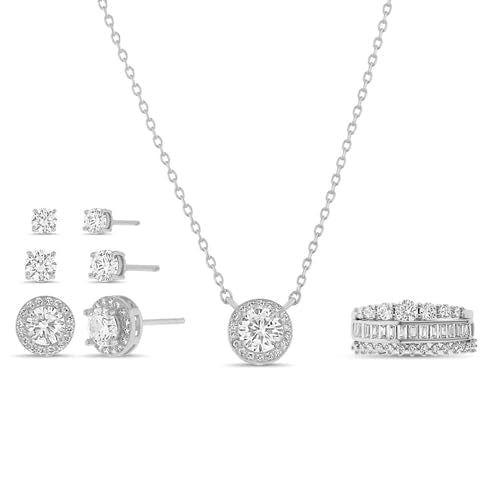 Devin Rose 7 Pcs Round Cubic Zirconia Necklace Stack Ring Stud Earring Set for Women in Green Travel Case Organizer Gift Jewelry Box with Lid