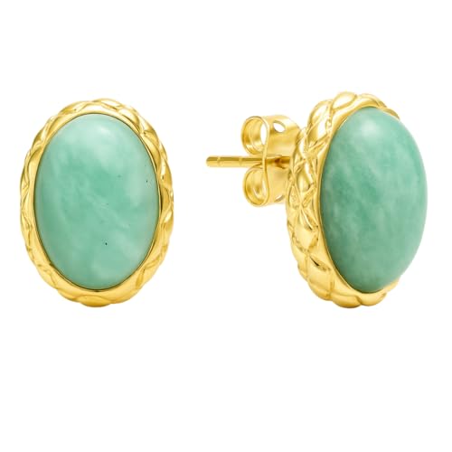 Gempires Bold Oval Gemstone Stud Earrings for Women – Natural Healing Stone Jewelry 14K Gold-Plated Hypoallergenic Tarnish-Resistant – Bold Statement Studs Gift for Her - style: Amazonite