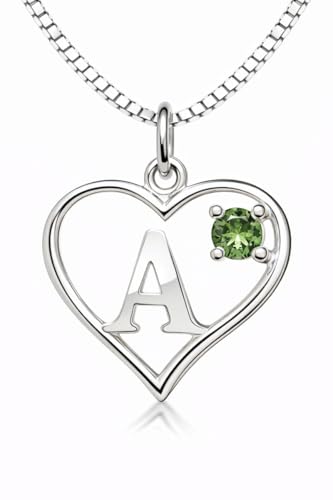 Sterling Silver Heart and Letter Personalized Birthstone Pendant with Box Chain Necklace - Heart & Letter - A - Peridot - August