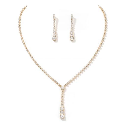 Bride Silver Bridal Necklace Earrings Set Crystal Wedding Jewelry Set Rhinestone Choker Necklace for Women and Brides - color: B Gold