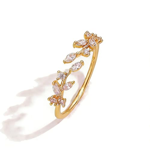 Gold Rings Non Tarnish Silver Adjustable Rings for Women Cubic Zirconia Leaf Ring Dainty Silver Stackable Ring for Women - style: gold