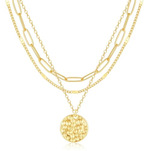 3Pcs Set Gold/Silver Layered Necklaces 14K Gold Plated Dainty Coin Pendant Beaded Paperclip CZ Chain for Women Hypoallergenic Stackable Choker Necklace Set Gifts - color: Gold 3 Pcs Coin