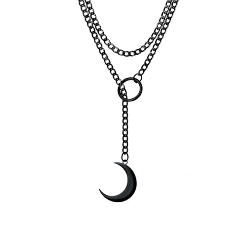 Slip Chain Necklaces for Women Stainless Steel Bar Pendant Choker Necklace Boho Handmade Long Lariat Necklace Silver Statement Punk Rock Collar Jewelry - style: layered black moon