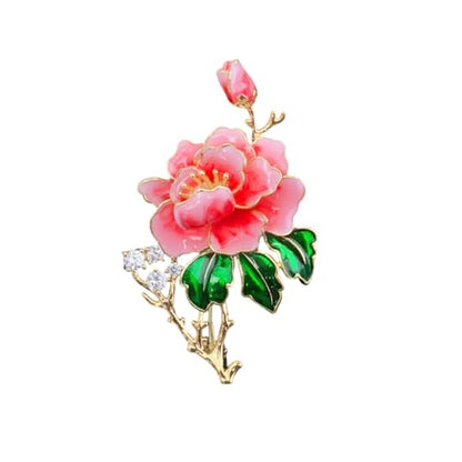 Peony Flower Brooch Pins for Women Gold-Tone Elegant Crystal Green Pink Enamel Floral Lapel Pins for Clothes Hat Dress Accessories Wedding Party Prom Fashion Jewelry
