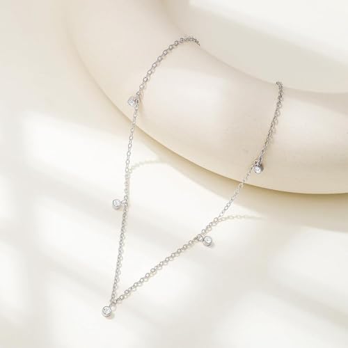 Dainty Silver Gold Necklaces for Women Cute Station Choker Simulated Diamond Necklace Simple Layering CZ Necklace Trendy Jewelry Gifts - color: Silver, style: 5pcs Hanging CZ-Cable Chain