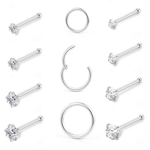 20g Nose Rings Studs and 18g Nose Rings Hoops for Women Men: Hypoallergenic Surgical Stainless Steel Threadless Corkscrew/L Shape/Straight Nose Studs Round Square Simulated Diamond CZ 1.5/2/2.5/3mm Nose Bone Studs Hinged Clicker Segment Nose Hoops Septum