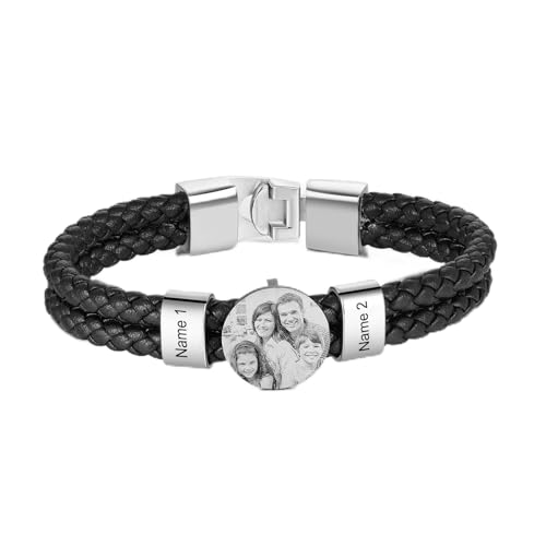 Personalized Braided Leather Bracelet with Photo Custom Name Beads Cuff Bangle Jewelry Gifts for Men Dad Husband Grandpa Fathers Day - color: 2 Names